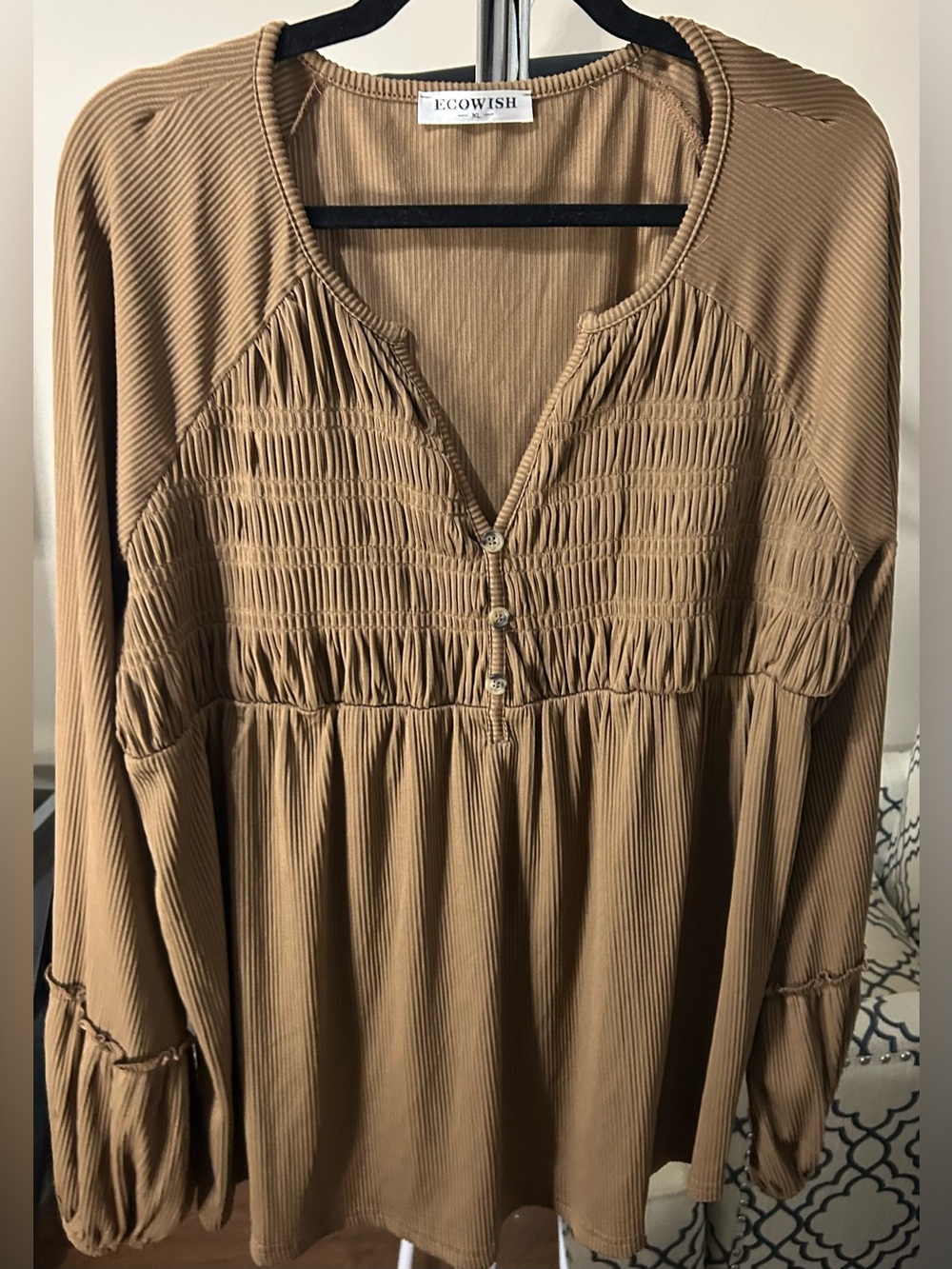 Ecowish Women’s Long Sleeve Smocked Peasant Blouse — Tan